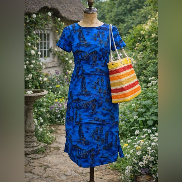 Dresses & Skirts - Vintage 60’s Mid Century, Travel, Novelty Print, Cotton, Bohemian Hawaiian Dress